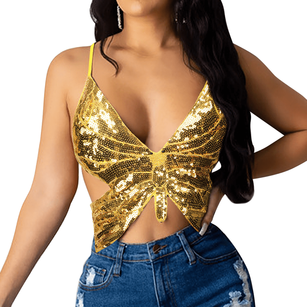 PrettyGuide Women's Glitter Sequin Butterfly Top Sexy Halter