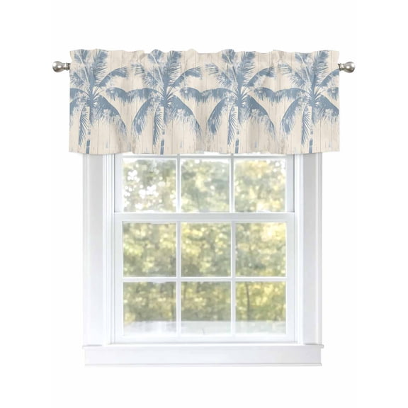 Blue Palm Tree Curtain Valances for Windows, Coastal Summer Wooden Kitchen Valance Window Treatment, Light Filtering Block Curtains for Bathroom/Bedroom/Living Room 54'' x 18''