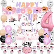 Halloween 4th Birthday Decorations for Girls, Four Ever Spooky Backdrop Glitter Paper Banner Cake Topper, Pink and Purple Ghost Balloons Halloween Fourth Birthday Party Supplies