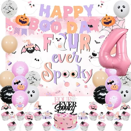 Halloween 4th Birthday Decorations for Girls, Four Ever Spooky Backdrop Glitter Paper Banner Cake Topper, Pink and Purple Ghost Balloons Halloween Fourth Birthday Party Supplies