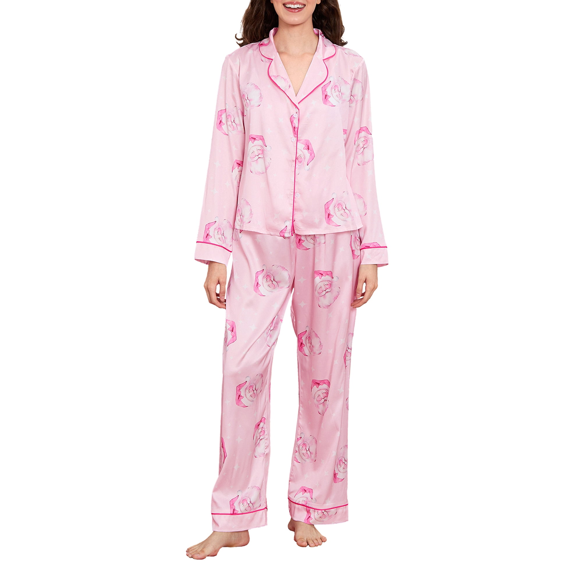 Pyjama Long En Satin Pour Femme - Motif Mignon - 2 Pièces
