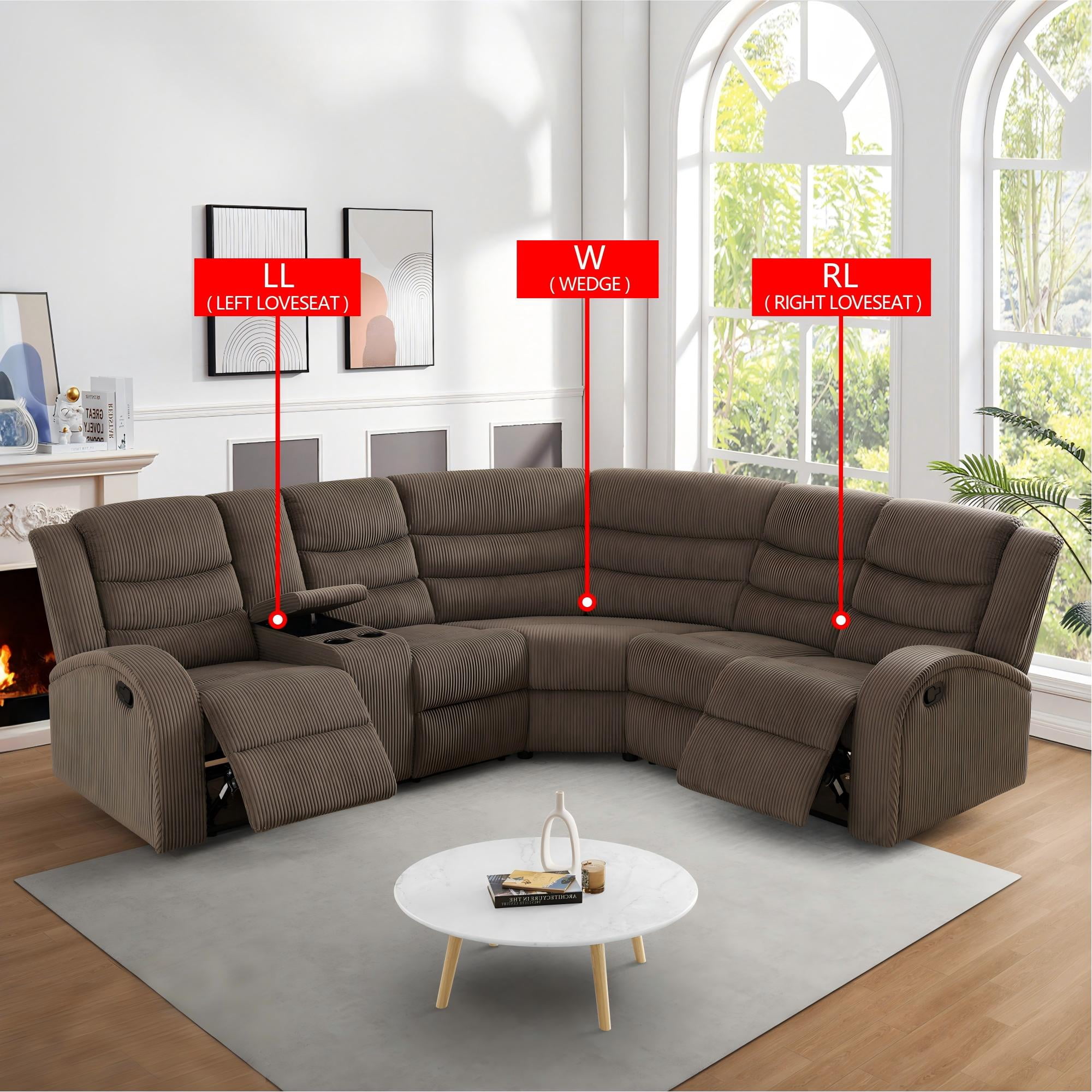 Gewnee Brown Striped Fabric Manual Recliner Sectional Sofa, Angle Adjustable with Cup Holder, Oversize Couch for Living Room Home Office Theater