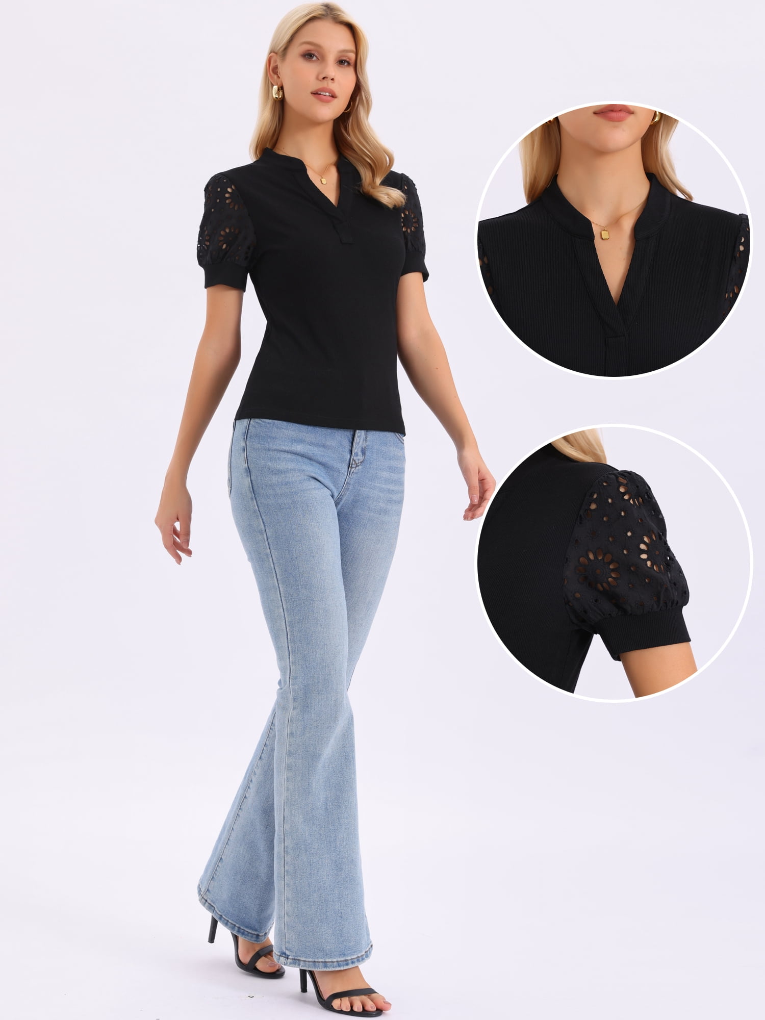 DARING DIVA Women's Short Sleeve Pullover Blouse V Neck Embroidered Knit Tops M Black