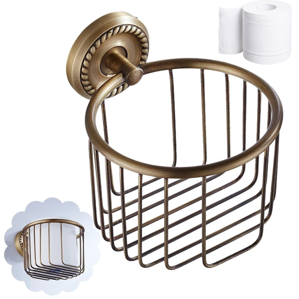Vintage Bronze Wall Mounted Toilet Paper Holder Antique Brass Bathroom Accessories Tissue Dispenser with Stable Metal Stand, Wire Basket Storage Rack - for Roll with Diameter