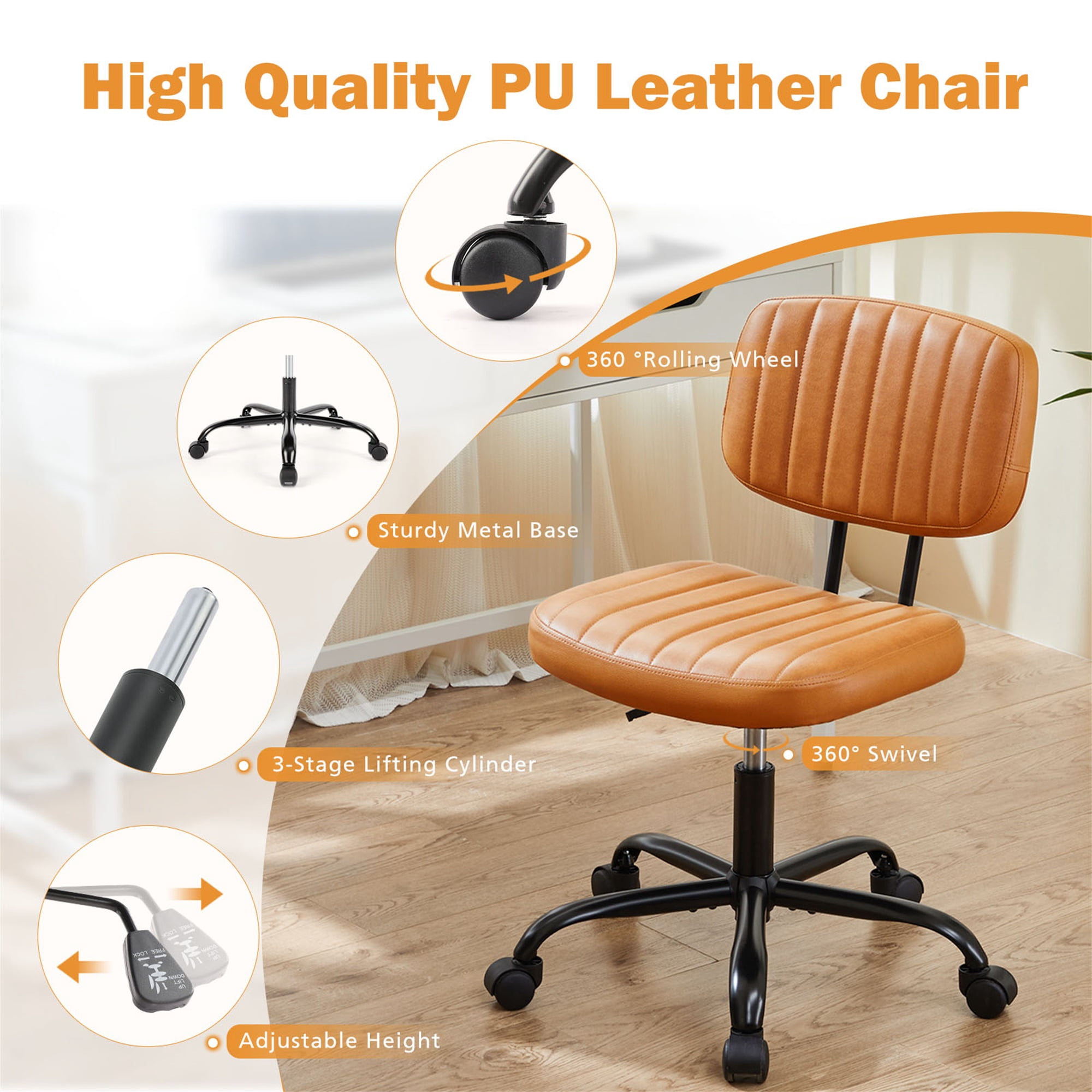 Spaco Small Home Office Chair,Cross Legged Armless Wide Adjustable Swivel Padded Fabric Home Office Desk Chair with Wheel, Brown