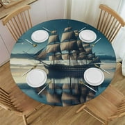 Shangniulu Round table cover, located in the deep blue sea, pirate ship tablecloth, used for table decoration, buffet and camping