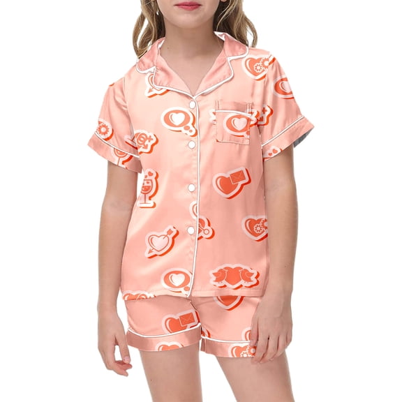 YUEHUA Satin Pajamas for Girls, 2-Piece Heart Print Short Sleeve Button Down Silky Valentines PJ Set for Toddler Kid