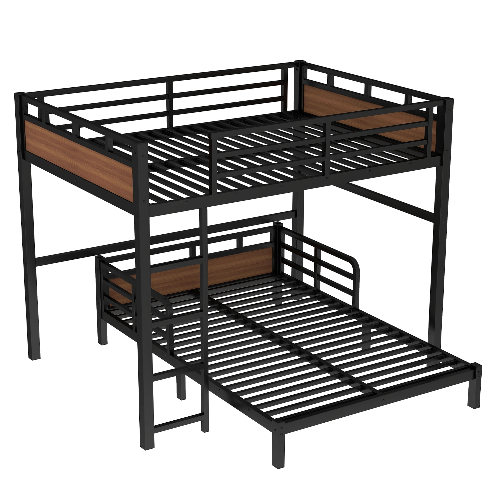 Leumius Full XL over Full XL Metal Bunk Bed,Metal Loft Bed,Separable Bunk Beds with Ladder & Safety Guardrail,Walnut
