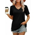 thumbnail image 4 of Olyvenn Womens Summer Tops Short Sleeve Shirts Trendy V Neck T Shirts for Women Casual Tops Loose Tees Tops 2025 Trending Now Black M, 4 of 6