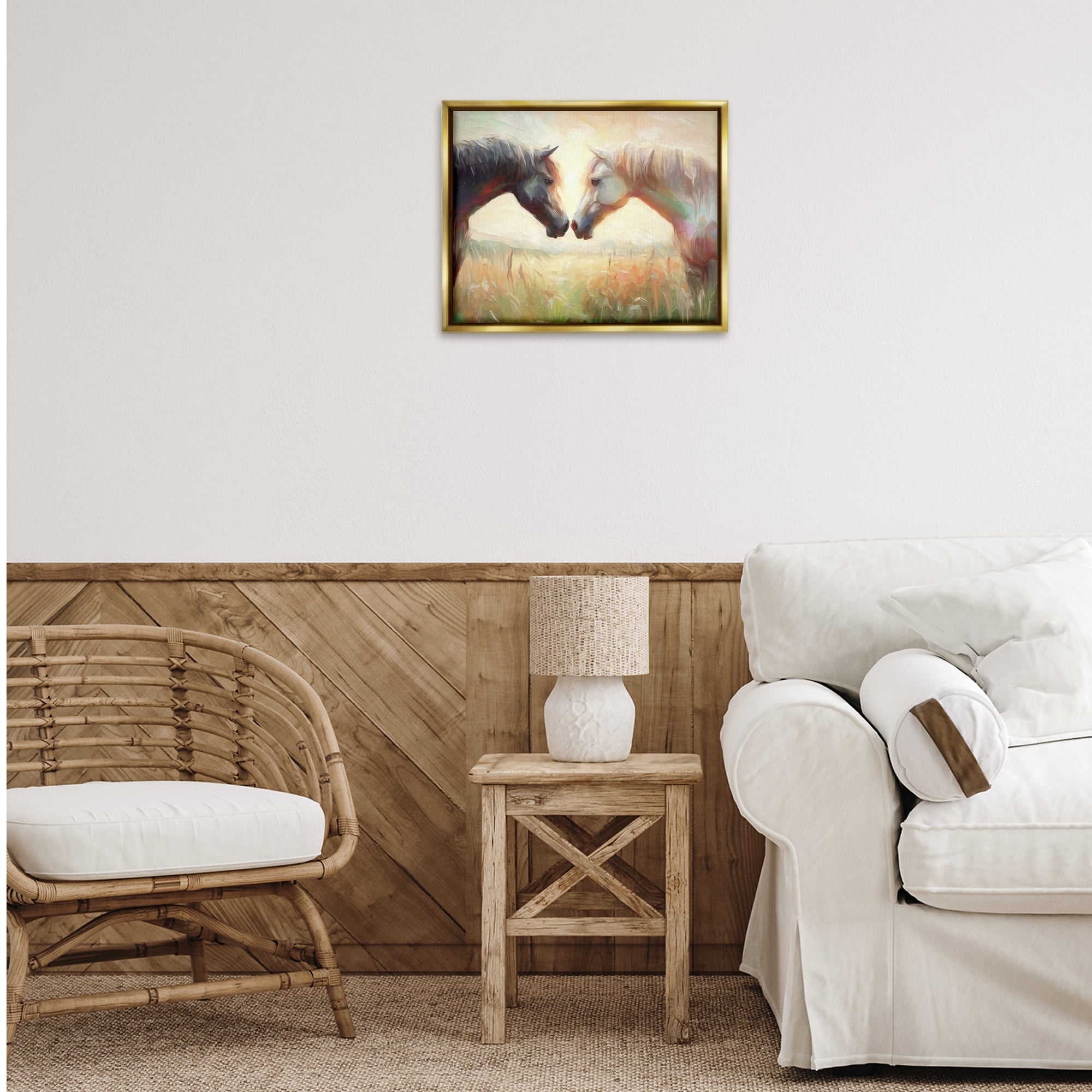 Stupell Industries Sunlit Horse Pair Animals & Insects Painting Gold Floater Framed Canvas Art Print Wall Art, 21 x 17