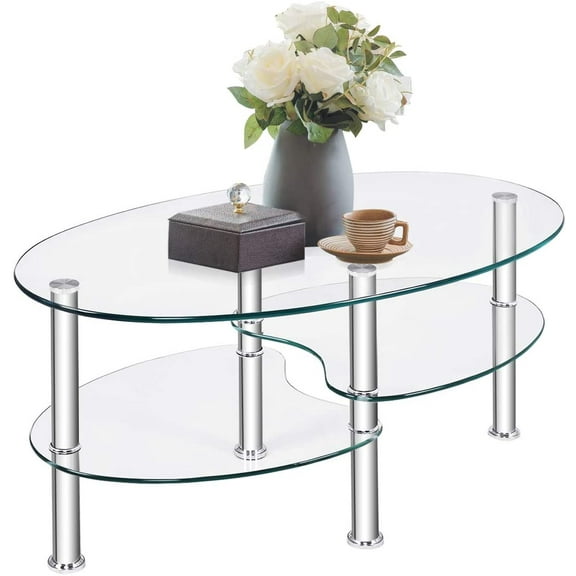 QRKD Glass Coffee Table, Modern Furniture Decor 2-Tier Modern Oval Smooth Glass Tea Table End Table for Home Office with 2 Tier Tempered Glass Boards & Sturdy Chrome Plated Legs（Clear）