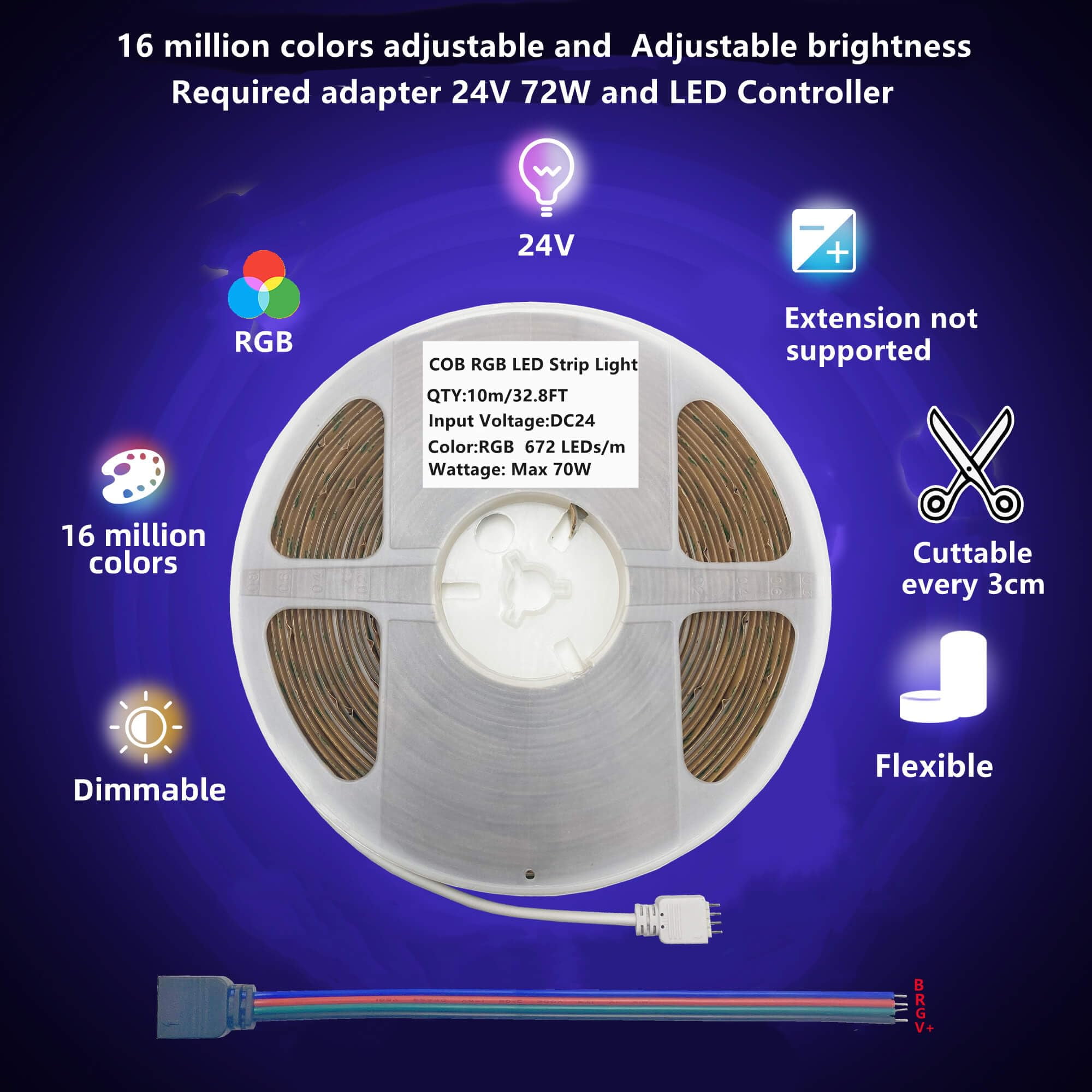 GIDEALED 24V COB RGB LED Strip Light 32.8ft,16 Million RGB Colors Changing,High Density 6720 LEDs Flexible COB LED Strip Light DC 24V for Bedroom Decoration (Without LED Controller&24V Power Supply)