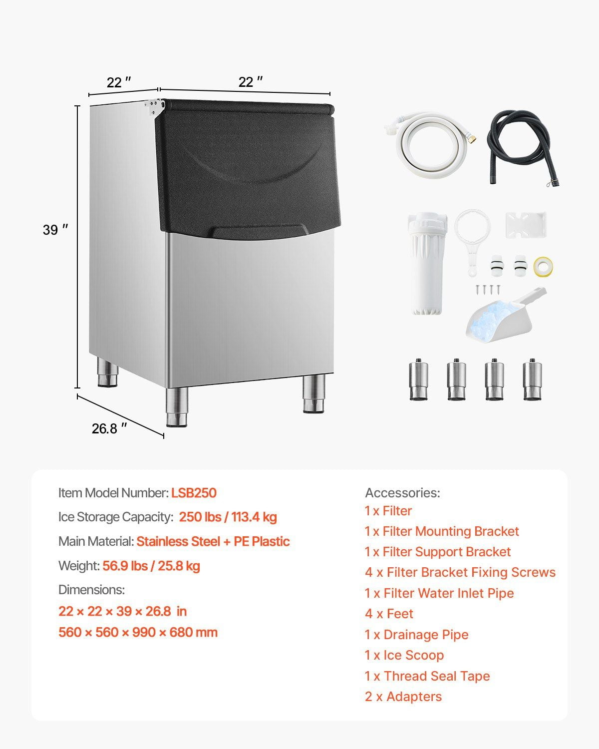 Stainless Steel Commercial Ice Bin – 250lbs Large Capacity, Food Grade Ice Storage Solution