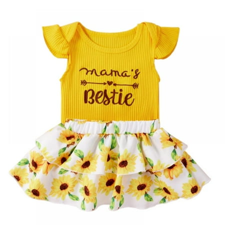 

Newway Summer Newborn Two-piece Baby Cute Hanging Short Sleeve + Woven Printed Short Skirt Two-piece Suit Yellow 90cm 12-18M