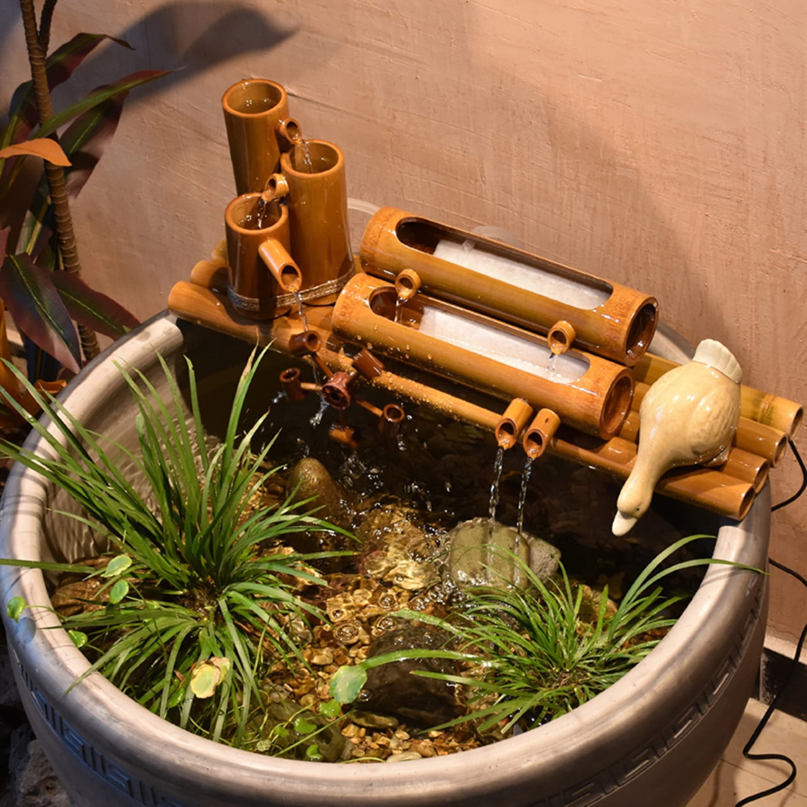 12" Bamboo Fountain Kit with Pump & Solar Powered Water Fountain with Water Wheel for Feng Shui Zen Indoor Outdoor Garden Patio