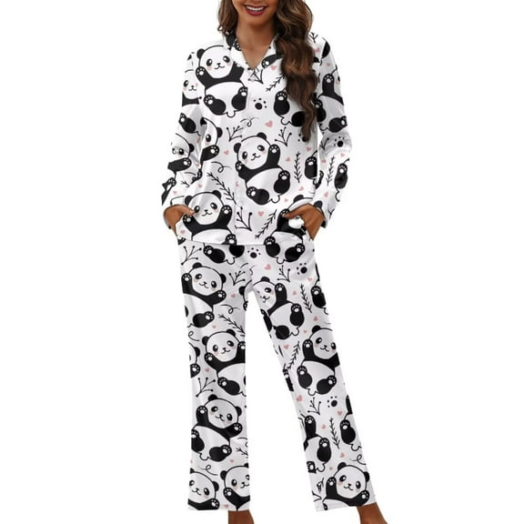 Renewold Cute Pandas Graphic Button Pajama Set Warmth Winter Tee Top & Elastic Waist Sweatpants for Women 2 Pieces Casual Indoor Loungewear Lightweight Crew Neck Pjs Nightwear Size M