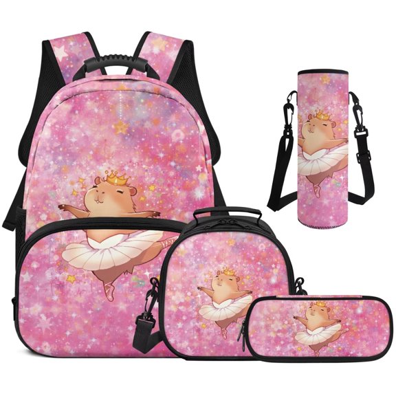 Garronmavis Ballet Capybara Kids Girls Backpack 4-Piece Set - Includes School Backpack, Lunch Bag, Pencil Case, Water Holder Case, Lightweight School Bag for Outdoor Picnic