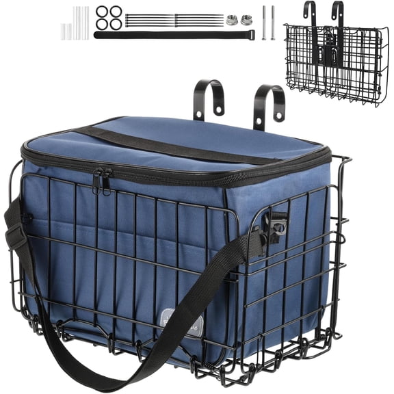Bike Basket Front, Folding Bicycle Basket with Removable Liner Bag, Removable Front Bag/Rear Hanging Cargo Rack, Large Quick Release Design Bicycle Frame Basket, Carrying Pets Fruit & Grocery (Blue)