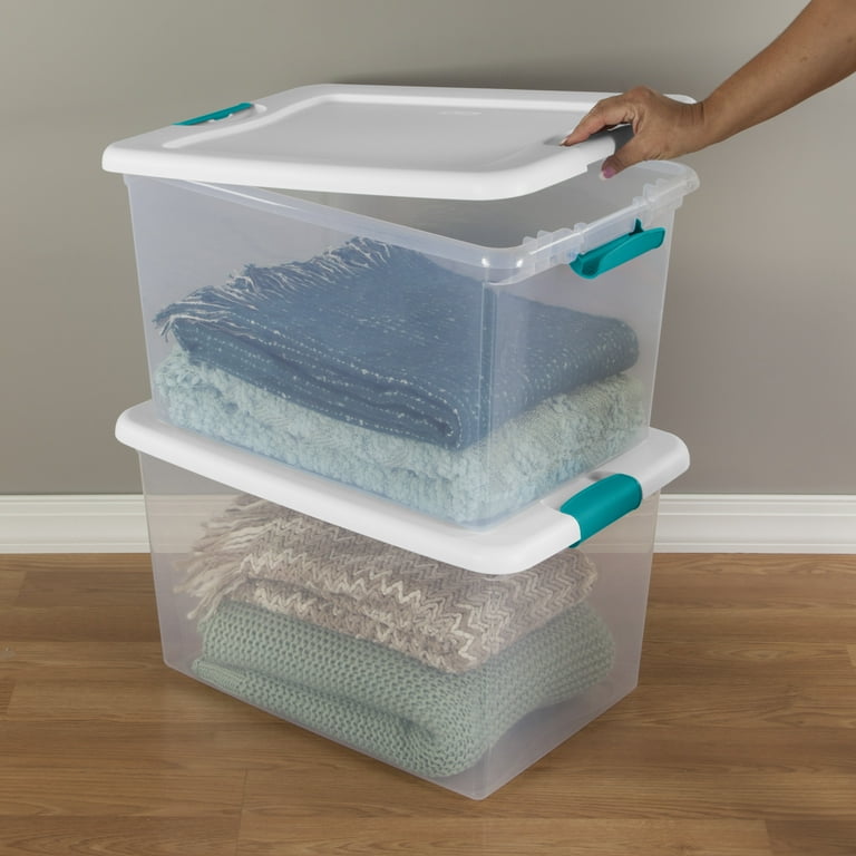 Sterilite 64 Qt Latching Storage Box, Stackable Bin with Latch Lid,  Organize Clothes, Blankets, Sports Items in Closet, Clear with White Lid,  1-Pack
