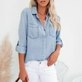 thumbnail image 6 of Womens Button Down V Neck Denim Shirts Long Sleeve Blouse Roll Up Cuffed Sleeve Casual Work Plain Tops with Pockets, 6 of 9