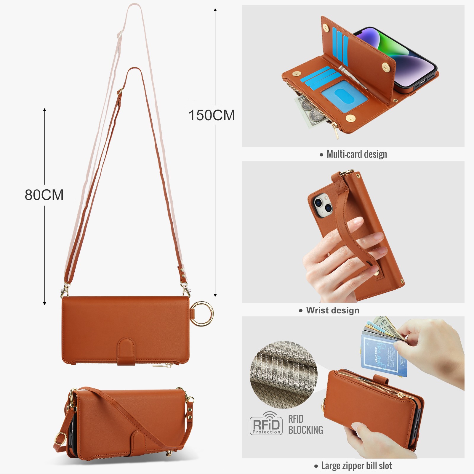 ELEHOLD For iPhone 13 Phone Case Leather Crossbody Zipper Card Wallet Flip Case Kickstand Cover, with Ring Holder,Full Body Protection-Brown