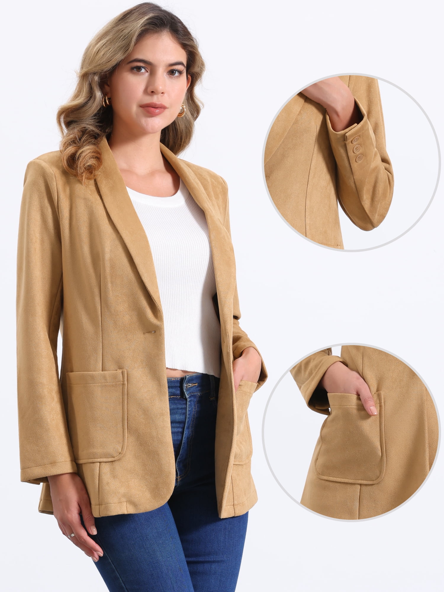 DARING DIVA Women's Faux Suede Lapel Collar One Button Dressy Suit Jacket M Khaki