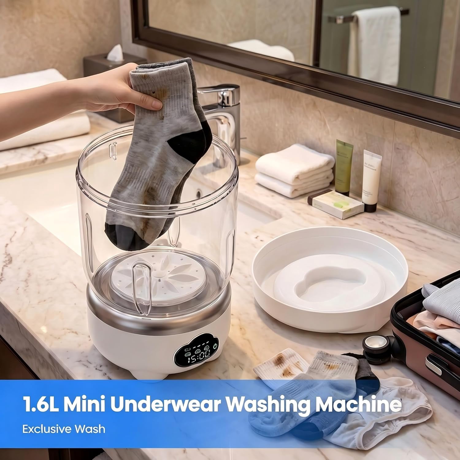 Mini Underwear Washing Machine, Portable Washing Machine, Upgrade 1.6L Foldable Mini Washer with 3 Modes, Rechargeable Laundry Machine for Socks, Bikinis,Baby Clothes, Travel, RV, Apartment