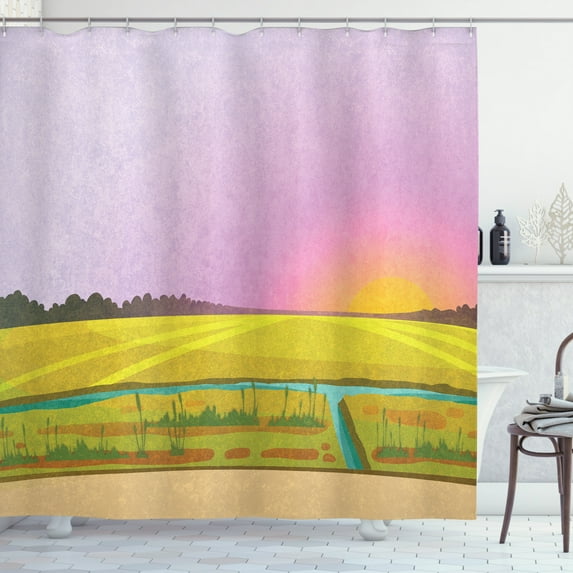 Colorful Shower Curtain, Sunset Scenery and Landscape with a Small River and Reeds Grunge Look Countryside, Fabric Bathroom Set with Hooks, 69W X 84L Inches Extra Long, Multicolor, by Ambesonne