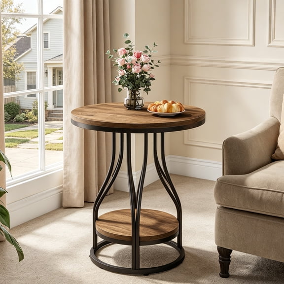 Fnova 23" Round End Table, Modern 2-Tier Side Table with Storage and Metal Frame, Small Bedside Table for Living Room, Bedroom, Brown Black