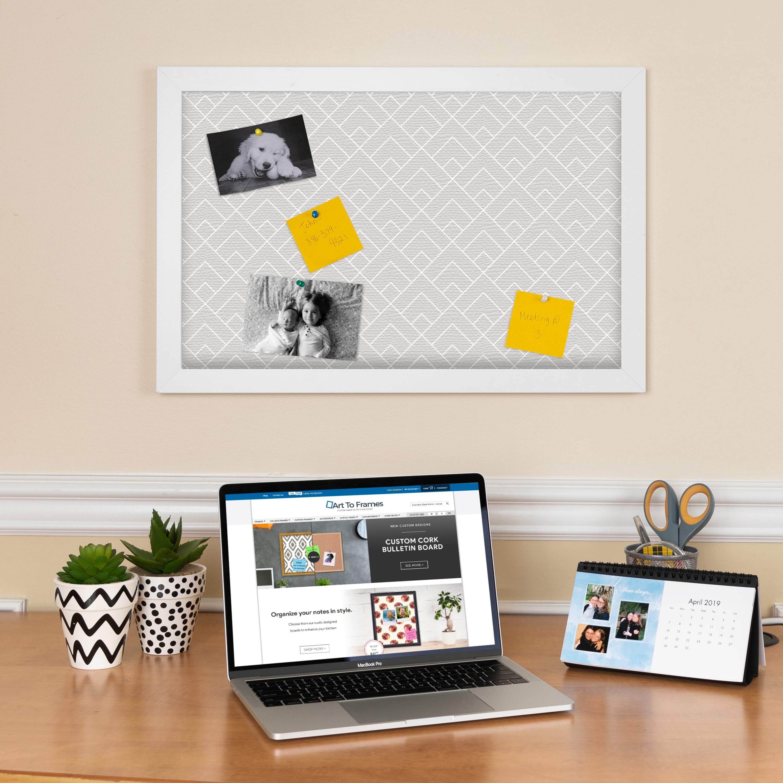 PinPix 36x18 Custom Cork Bulletin Board Peaks Modern Pattern Grey Poster Board Has a Fabric Style Canvas Finish, Framed in Peaks Modern Pattern Grey, by ArtToFrames (PinPix-1794)