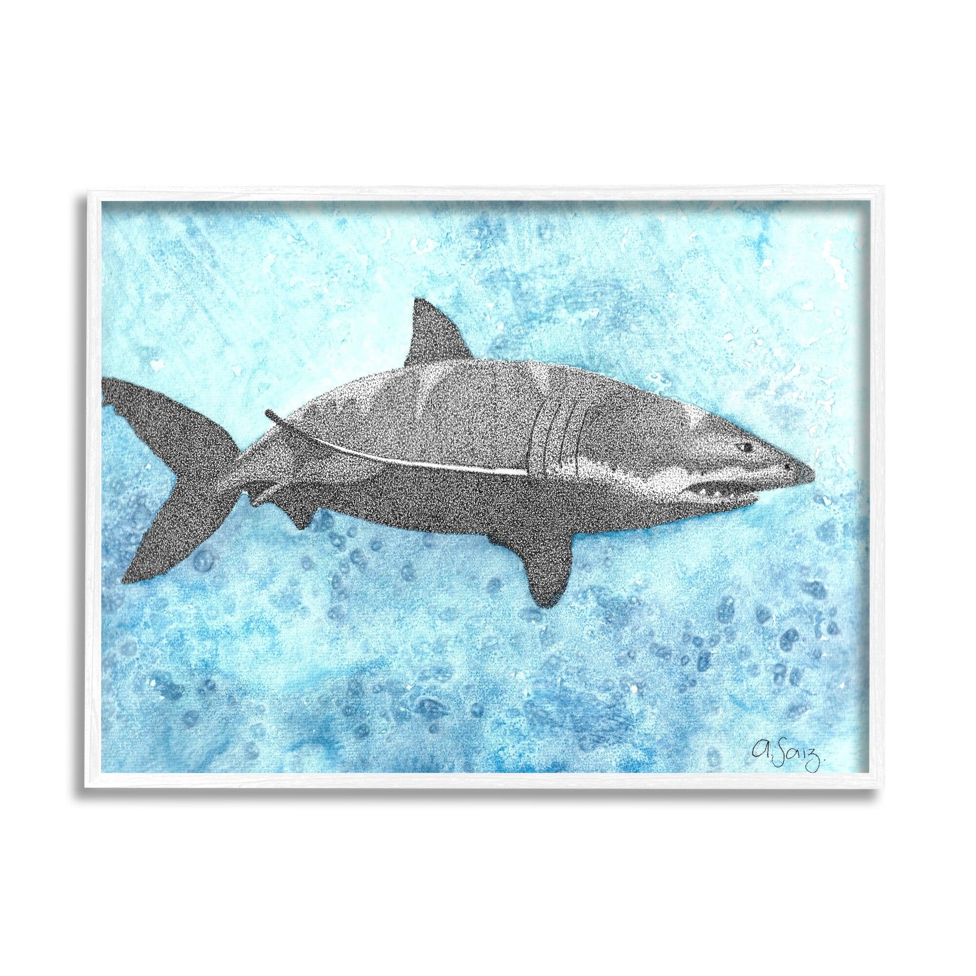 Stupell Industries Great White Shark Aqua Blue Ocean Water Splash Framed Wall Art, 30 x 24, Design by Ale Saiz Studio