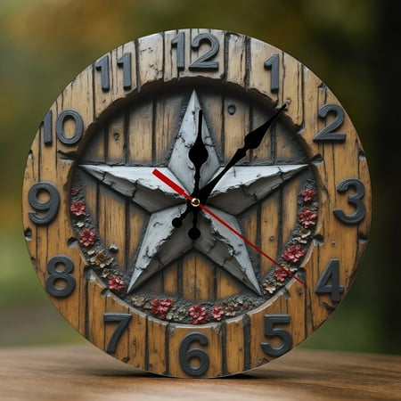 Wall Clock Decorative - Rustic Gray Star Print 2D Vintage Wall Clocks Battery Operated Silent Non-Ticking for Bedroom, Living Room, Kitchen, Office, Classroom, 10 Inch