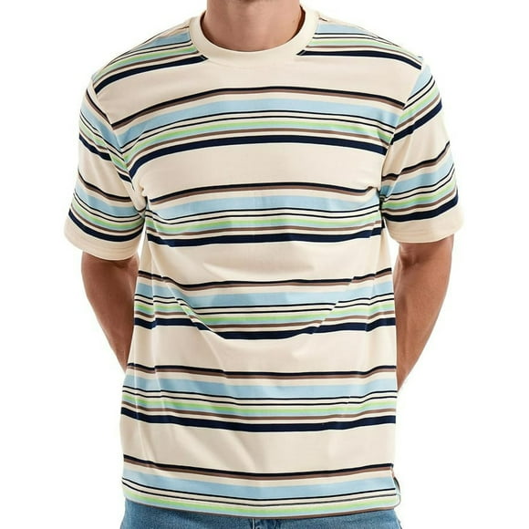Tops para hombre, blusas y camisas de cuello redondo y manga corta para hombre, top casual de verano para hombre, top/camisa de cuello redondo y manga corta con solapa y estampado a rayas para hombre,