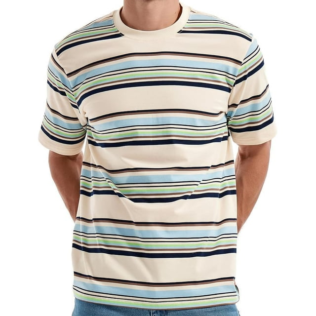 Tops para hombre, blusas y camisas de cuello redondo y manga corta para hombre, top casual de verano para hombre, top/camisa de cuello redondo y manga corta con solapa y estampado a rayas para hombre,