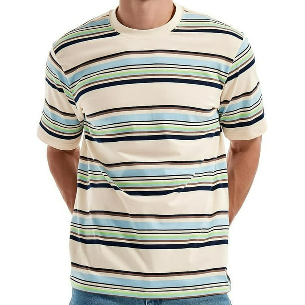 Tops para hombre, blusas y camisas de cuello redondo y manga corta para hombre, top casual de verano para hombre, top/camisa de cuello redondo y manga corta con solapa y estampado a rayas para hombre,