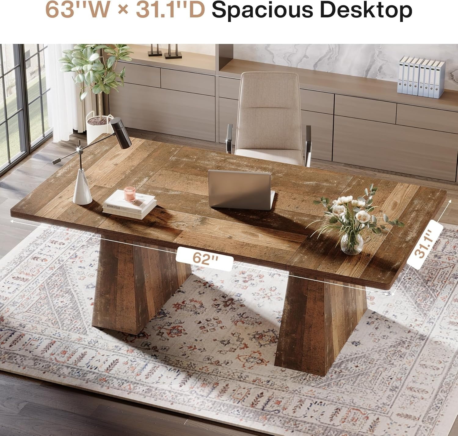 63-Inch Executive Desk, Large Home Office Computer Desk With Double Pedestal, Modern 250LB Heavy-Duty Workstation, Writing Table Conference Table, Espresso Brown Business Furniture