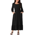 thumbnail image 2 of Unique Bargains Robe Maxi Évasée à Manches Longues Col Carré Taille Haute Élastique pour Femmes avec Poches Noir m, 2 of 5