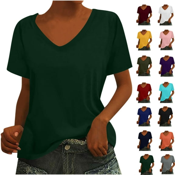 Summer Fashion Plus Size Tops for Womens 2025 V-Neck Short Sleeve Loose Solid Color T Shirt Tunic Summer Shirt Blouse Up to 65% off!