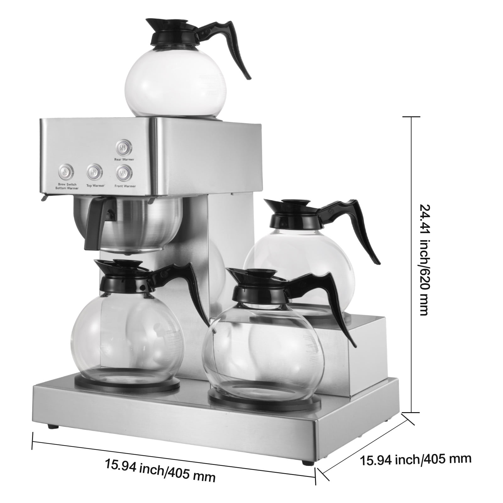 KFFKFF Commercial Drip Coffee Maker, 12-Cup Machine with 4 Glass Carafes and 4 Warming Plates, Stainless Steel Brewer for Restaurants, Offices, Cafes, and Homes