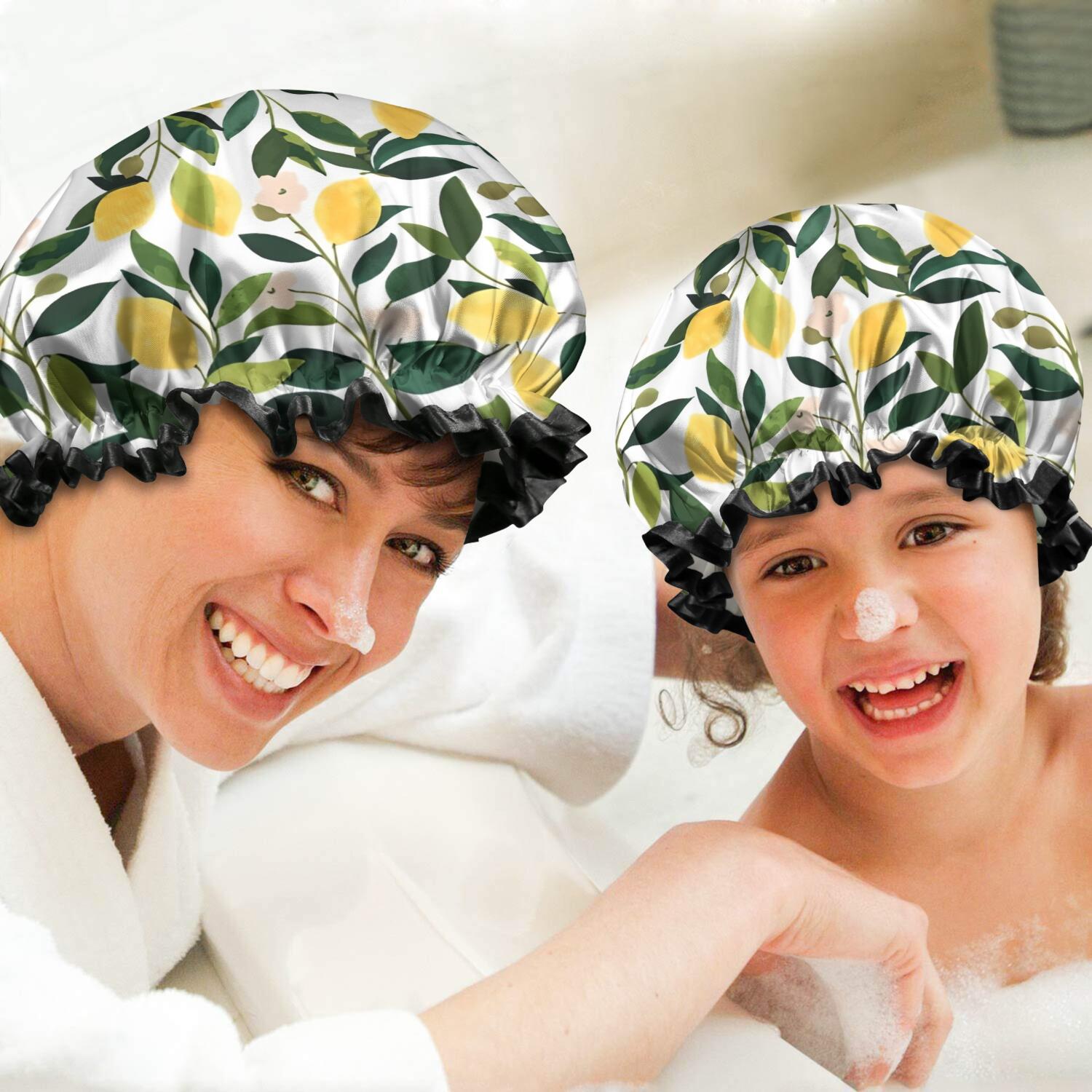 Shower Caps,Yellow Lemon Fruit Flowers White Pattern Waterproof Shower Cap for Women 4 Pieces,Double Reusable Hair Cover for Shower PEVA Elastic Stretch Hem