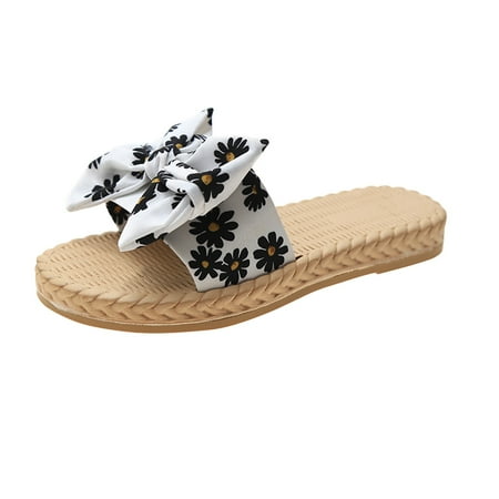 

Fsqjgq Sandals for Women Dressy Heel Ladies Shoes Fashion Flat Bow Daisy Print Casual Sandals Vacation Slippers Mens Beach Flip Flops Size 9 White 39