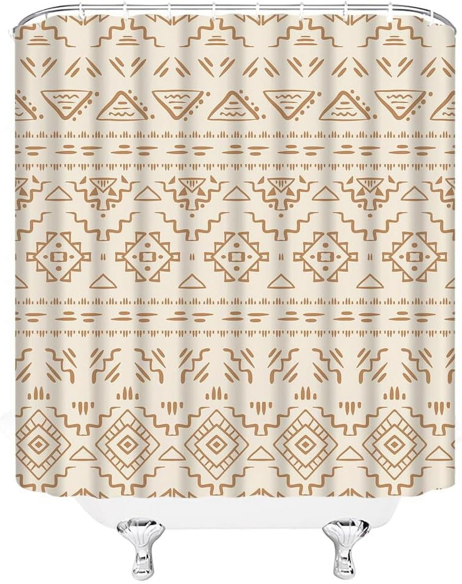 Boho Geometric Shower Curtain Beige Brown Modern Farmhouse Tribal Retro Western Aztec Abstract Mid Century Art Fabric Bathroom Curtains Decor Set with Hook(72" WX72 H)