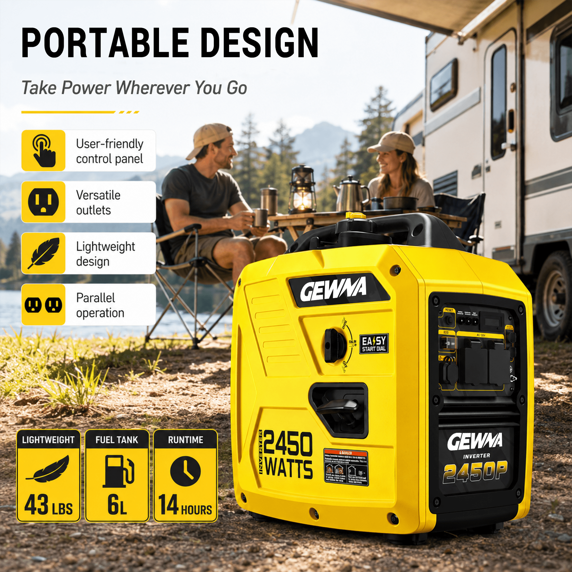 Gewna 2450W Portable Inverter Generator - Gas Powered,Ultra Quiet for RV, Camping, Home Backup,1.6 Gallon Large Fuel Tank Yellow