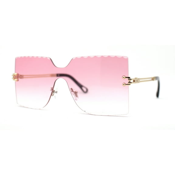 Womens Wave Beveled Lens Oversize Shield Rimless Fashion Sunglasses Gold Pink