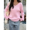 thumbnail image 4 of Women Long Sleeve Cable Knit Sweater Fashion V Neck Fitted Pullover Top Business Casual Fall Outfits Pink M, 4 of 7