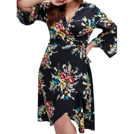 Printed Cross Front Dress - STARVNC Women Cross V Neck Bell Sleeves Front Split Floral Print Mini Dress
