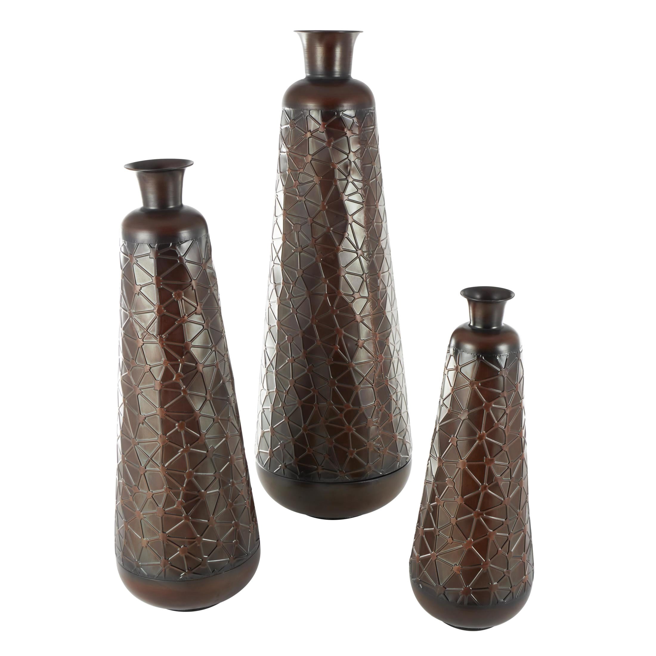 DecMode 53", 43", 32"H Tall Teardrop Shaped Dark Brown Metal Vase with Brown Trumpet Tops, Set of 3