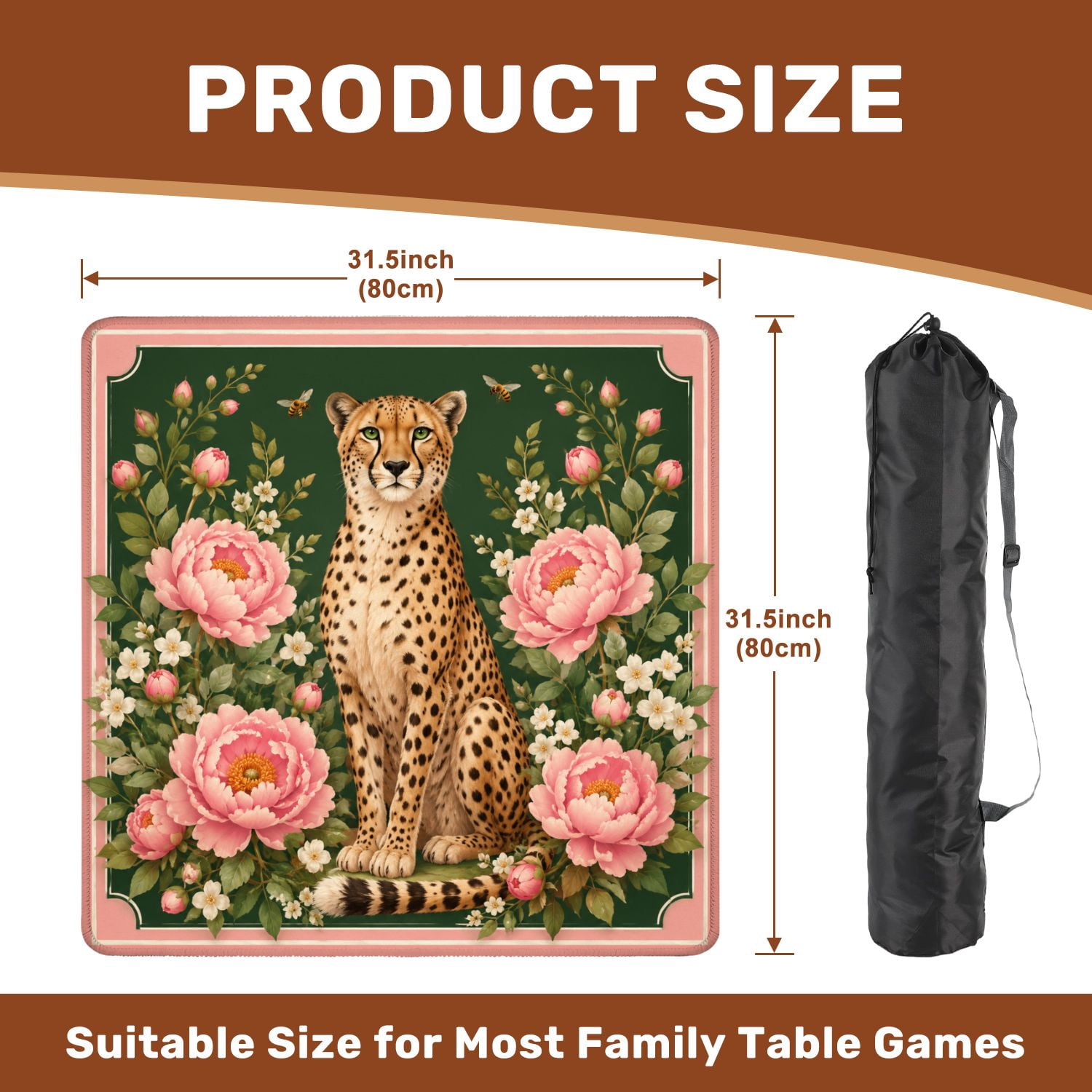 Mahjong Mat 31.5" x 31.5" Leopard Green Eyes Surrounded by Pink Flowers Bees Dark Green Non-Slip Noise Reduction Chic Portable Gaming Table Cover for Family Game Night & Gift