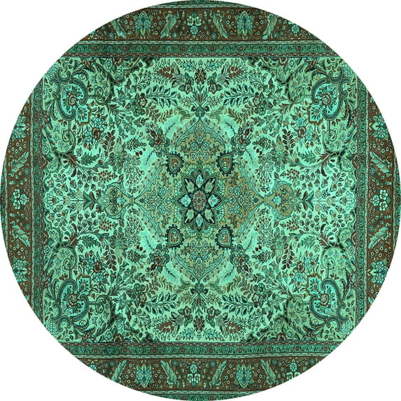Ahgly Company Machine Washable Indoor Round Persian Turquoise Blue Traditional Area Rugs, 5' Round