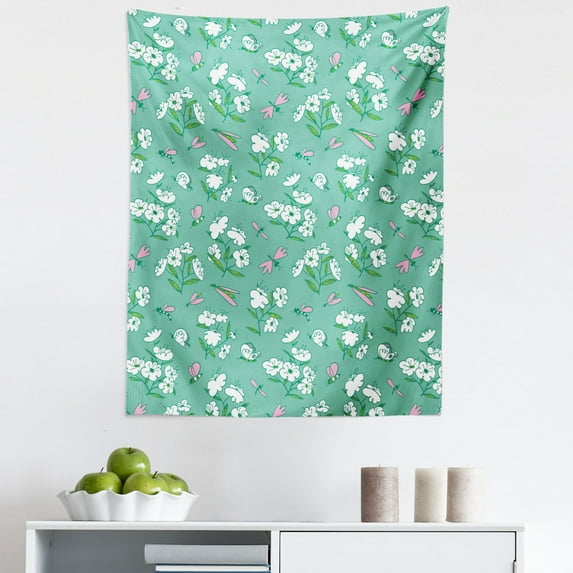 Hipster Tapestry, Blossoming Plants and Flying Insects Botany Scene, Fabric Wall Hanging Decor for Bedroom Living Room Dorm, 5 Sizes, Seafoam Pale Pink, by Ambesonne